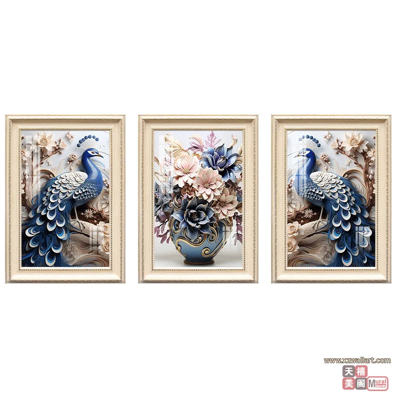 孔雀 三联 装饰画 美式 客厅背景墙挂画 晶瓷画