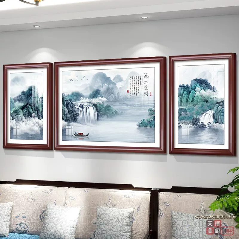 山水 三联 装饰画 新中式 客厅背景墙挂画 晶瓷画