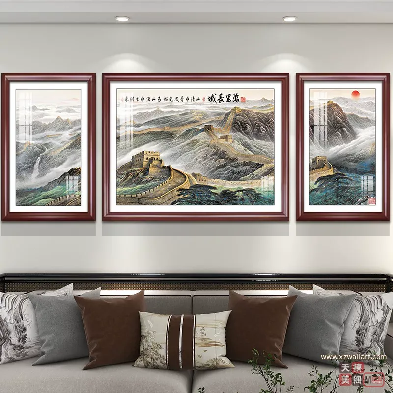山水 三联 装饰画 新中式 客厅背景墙挂画 晶瓷画