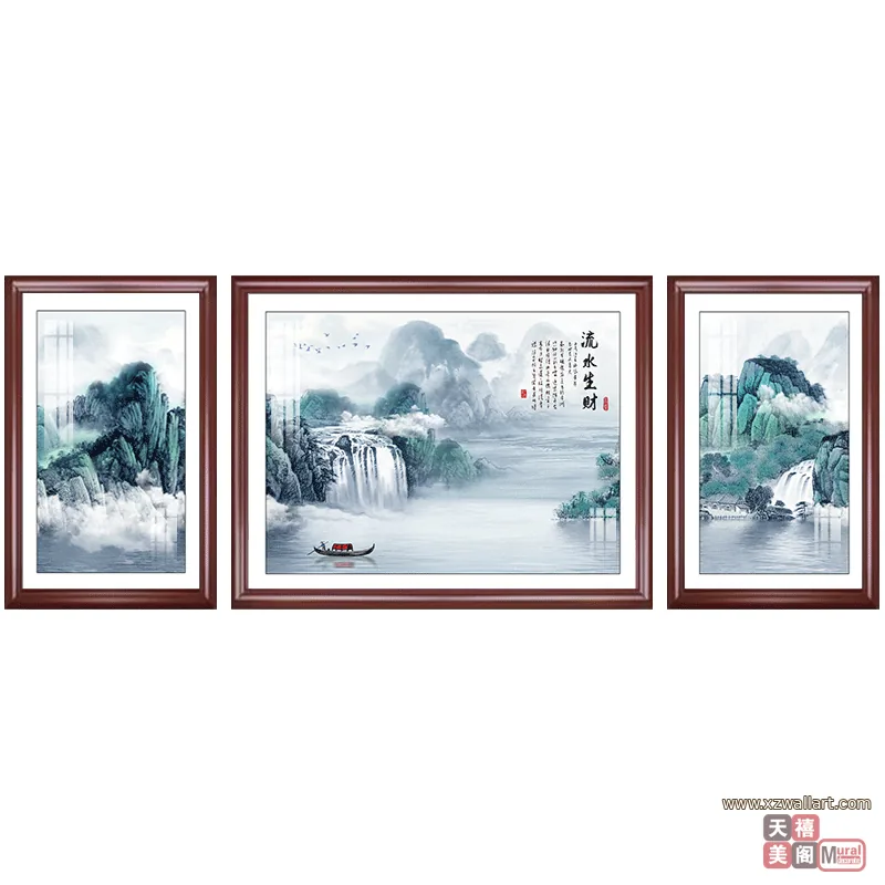 山水 三联 装饰画 新中式 客厅背景墙挂画 晶瓷画