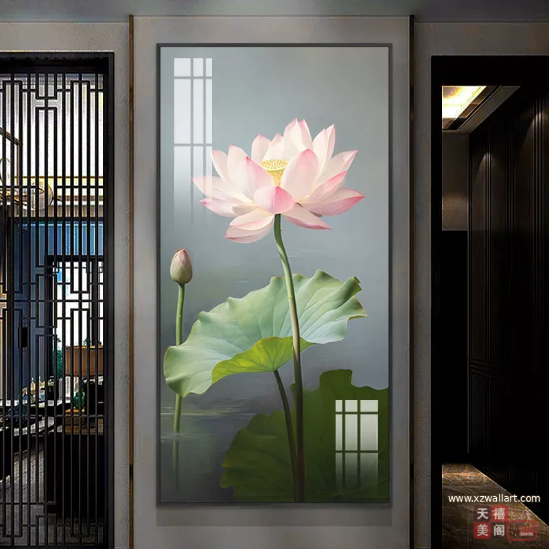 荷花 单幅 装饰画 新中式 玄关背景墙挂画 晶瓷画