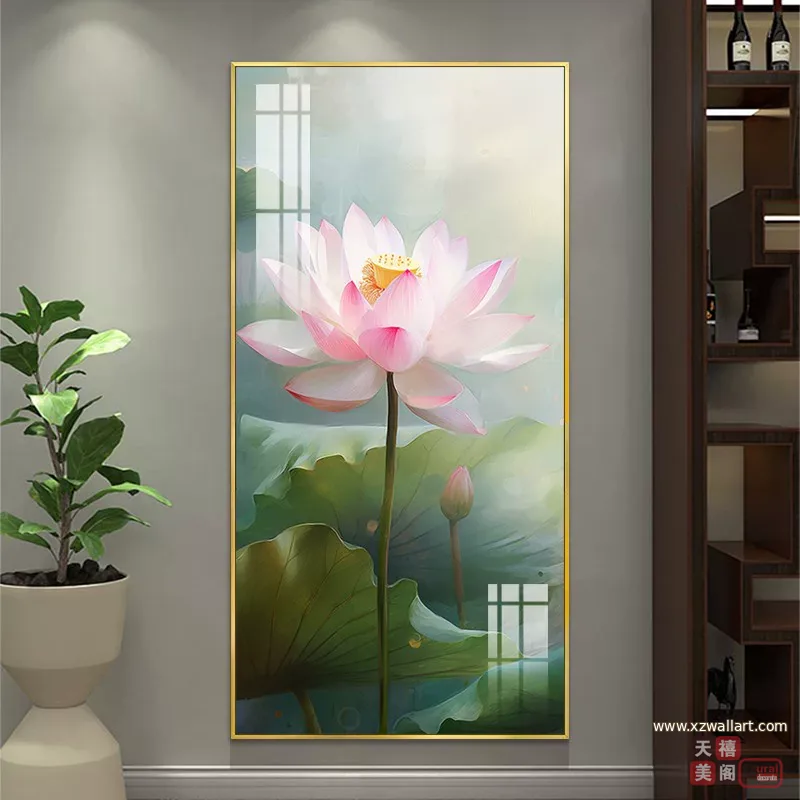 荷花 单幅 装饰画 新中式 玄关背景墙挂画 晶瓷画