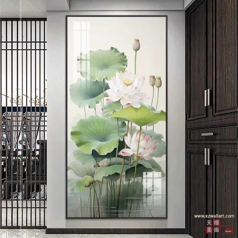 荷花 单幅 装饰画 新中式 玄关背景墙挂画 晶瓷画