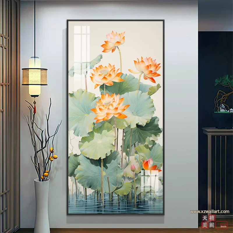 荷花 单幅 装饰画 新中式 玄关背景墙挂画 晶瓷画