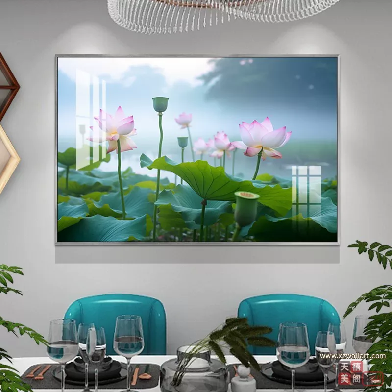 荷花 单幅 装饰画 轻奢风 餐厅背景墙挂画 晶瓷画