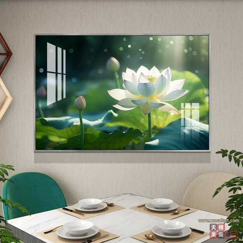 荷花 单幅 装饰画 轻奢风 餐厅背景墙挂画 晶瓷画