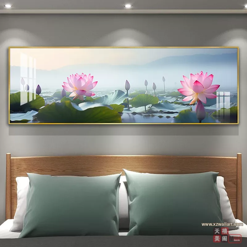 荷花 单幅 装饰画 轻奢风 卧室背景墙挂画 晶瓷画