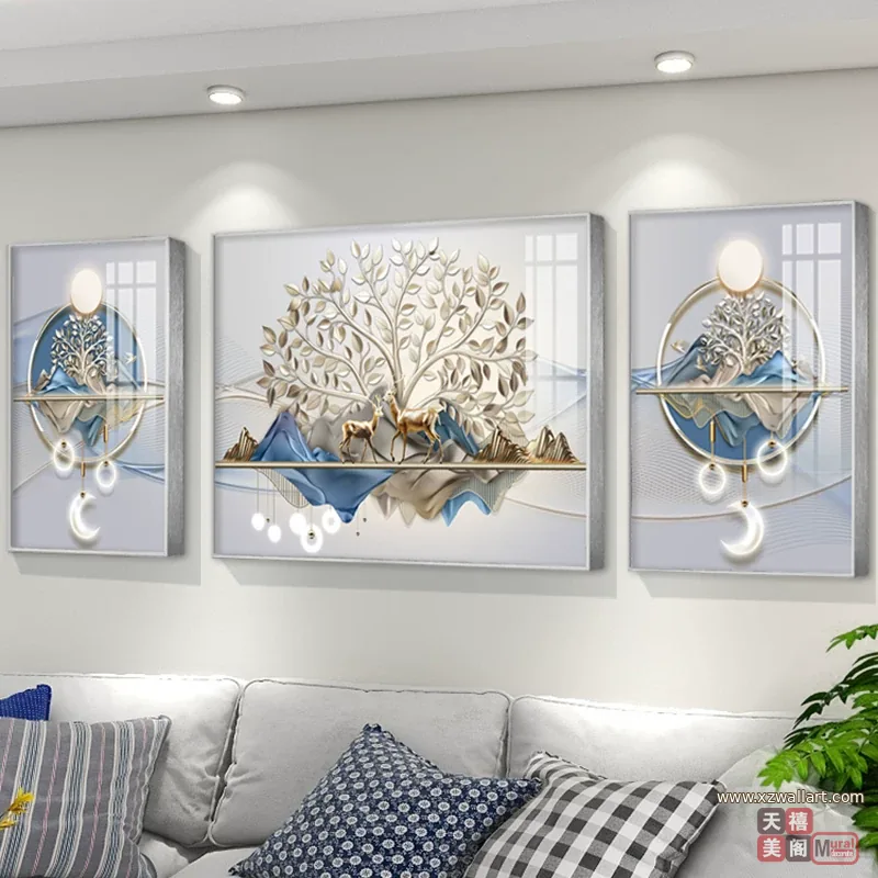 抽象 三联 装饰画 轻奢风 客厅背景墙挂画 晶瓷画