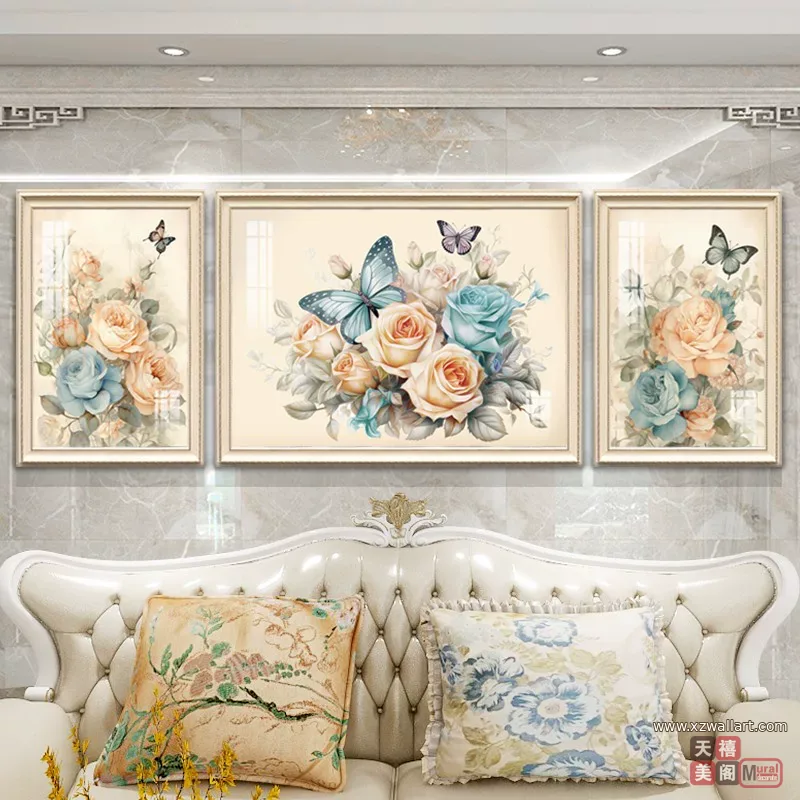 花 三联 装饰画 美式 客厅背景墙挂画 晶瓷画