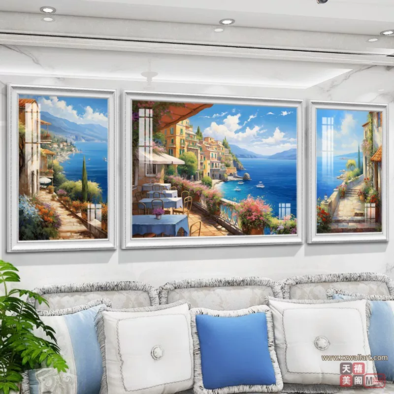 抽象 三联 装饰画 美式 客厅背景墙挂画 晶瓷画