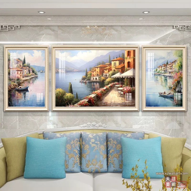 抽象 三联 装饰画 美式 客厅背景墙挂画 晶瓷画