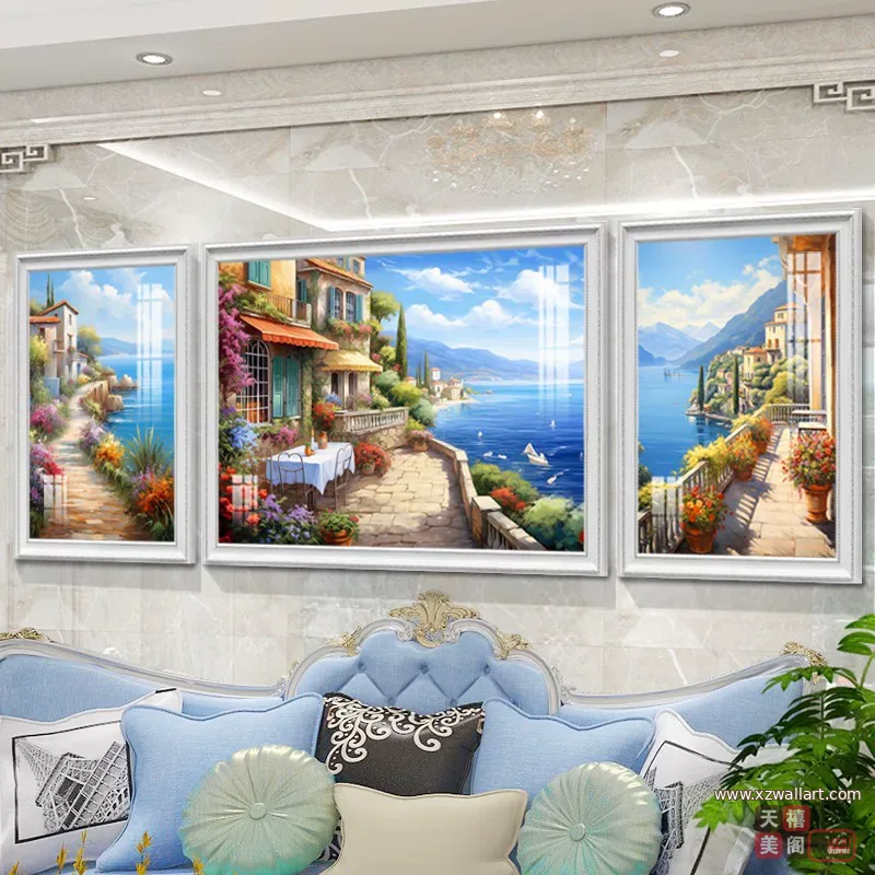 抽象 三联 装饰画 美式 客厅背景墙挂画 晶瓷画
