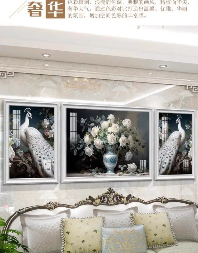 孔雀 三联 装饰画 美式 客厅背景墙挂画 晶瓷画