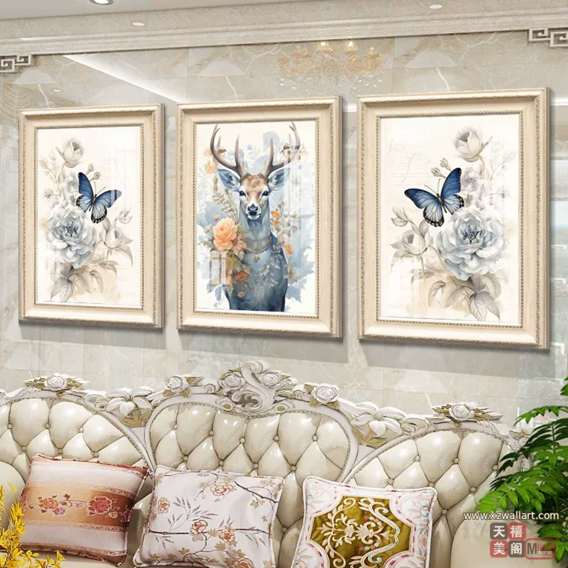 抽象 三联 装饰画 美式 客厅背景墙挂画 晶瓷画