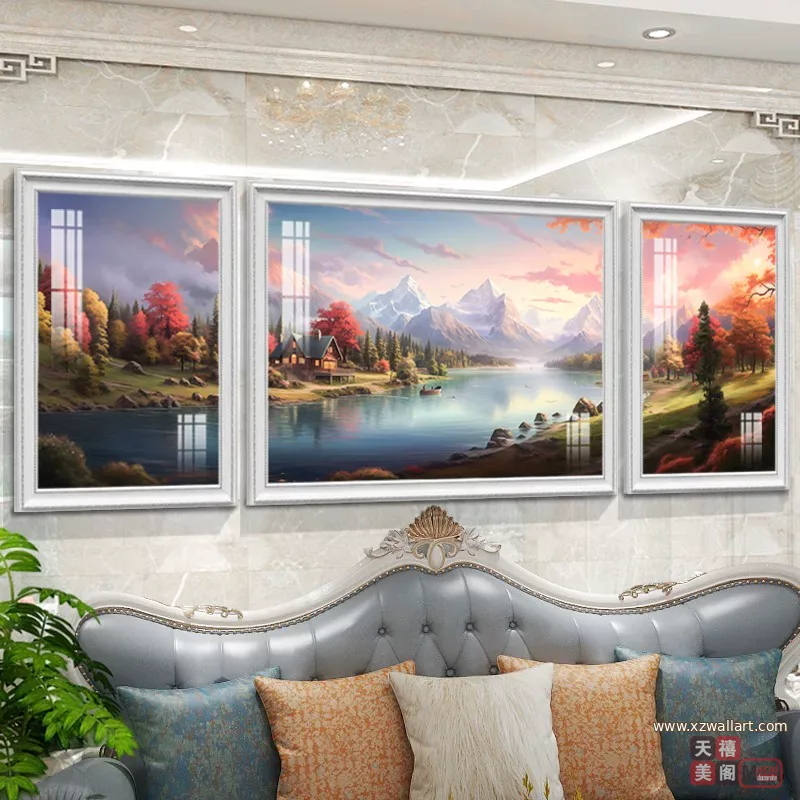 马 三联 装饰画 美式 客厅背景墙挂画 晶瓷画