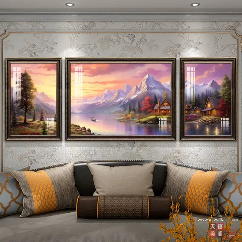 马 三联 装饰画 美式 客厅背景墙挂画 晶瓷画