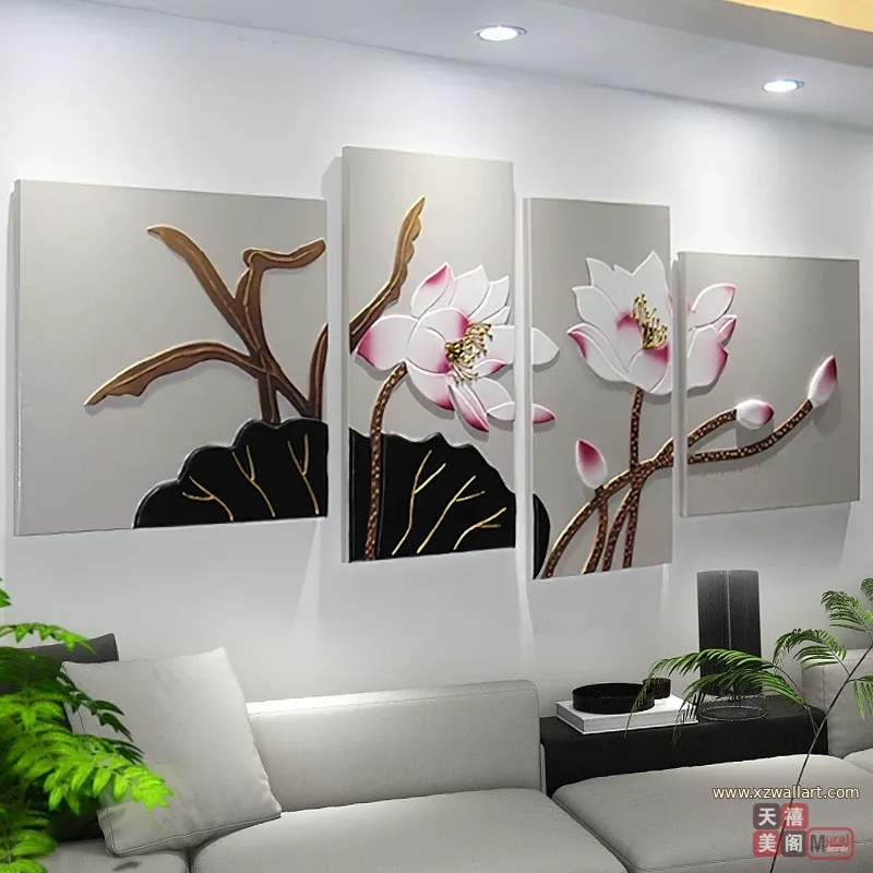 荷花 单幅 装饰画 新中式 客厅背景墙挂画 晶瓷画
