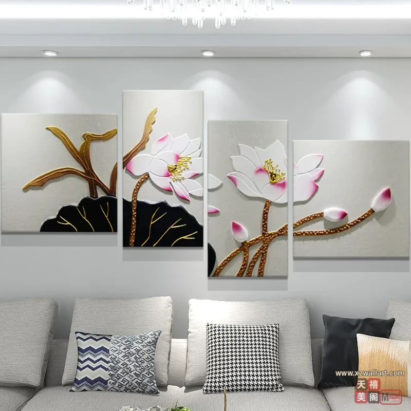 荷花 单幅 装饰画 新中式 客厅背景墙挂画 晶瓷画