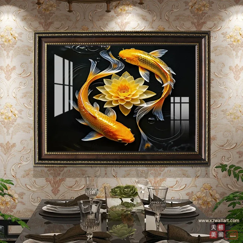 荷花 单幅 装饰画 轻奢风 餐厅背景墙挂画 晶瓷画