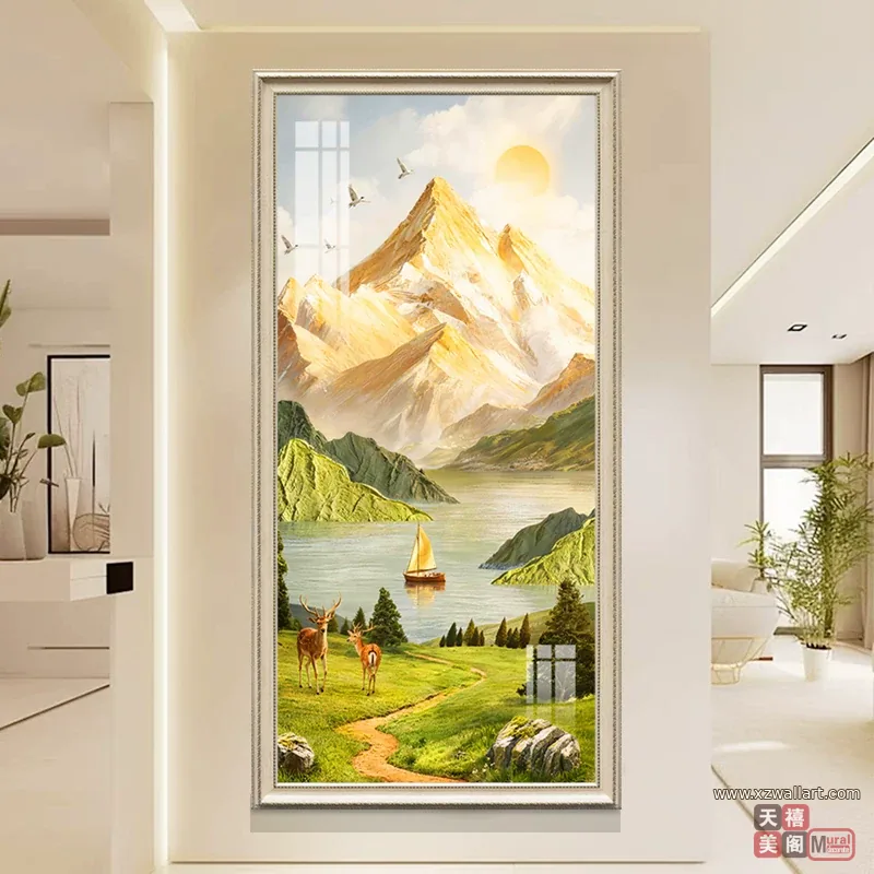 山水 单幅 装饰画 美式 玄关背景墙挂画 晶瓷画