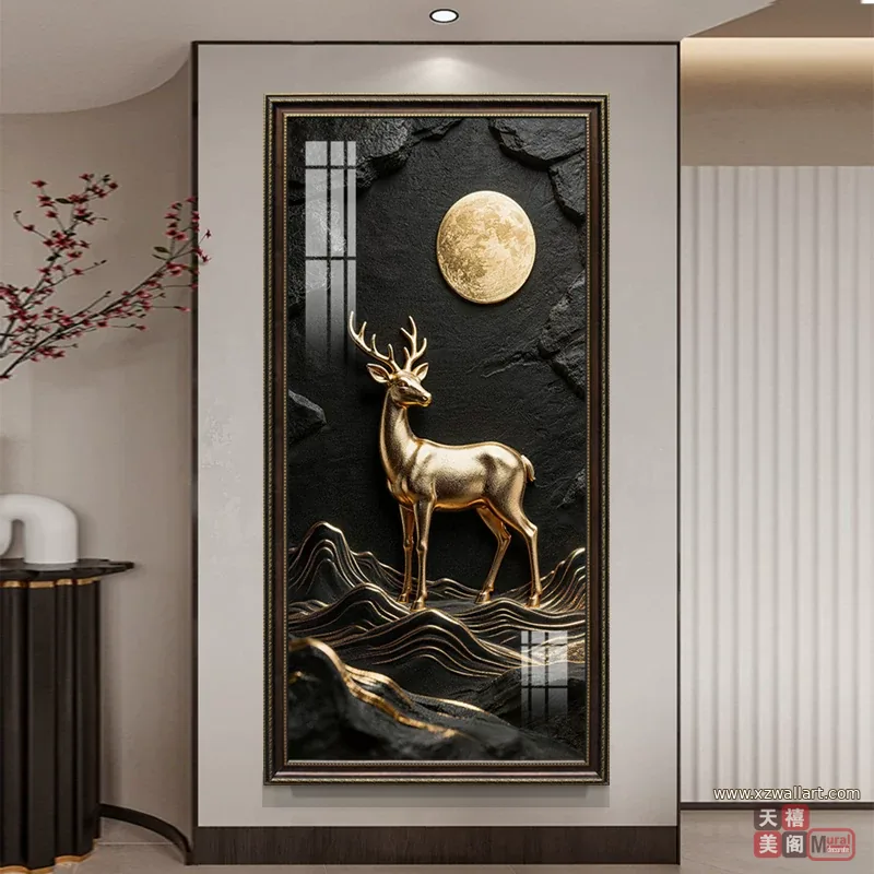 鹿 单幅 装饰画 轻奢风 玄关背景墙挂画 晶瓷画