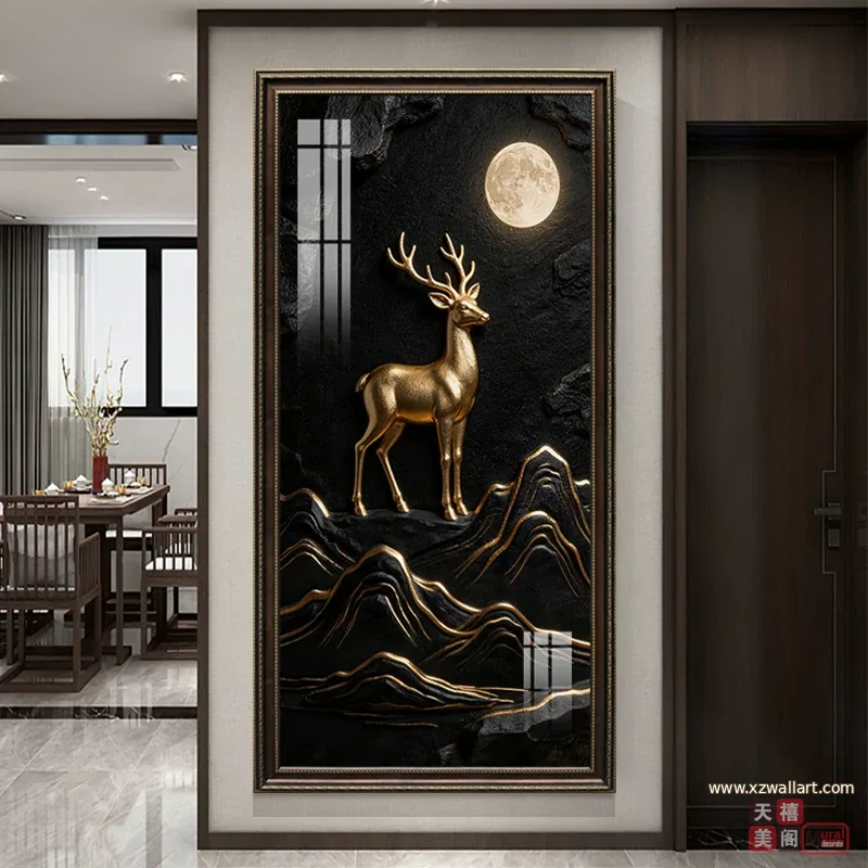 鹿 单幅 装饰画 轻奢风 玄关背景墙挂画 晶瓷画