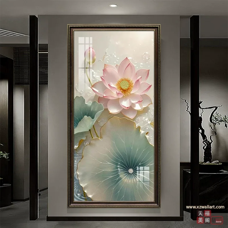 荷花 单幅 装饰画 轻奢风 玄关背景墙挂画 晶瓷画