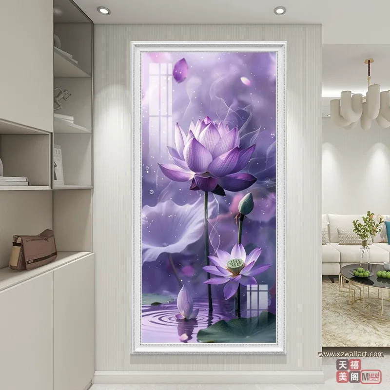 荷花 单幅 装饰画 轻奢风 玄关背景墙挂画 晶瓷画