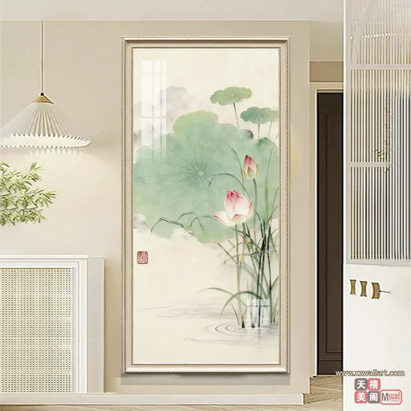 荷花 单幅 装饰画 新中式 玄关背景墙挂画 晶瓷画