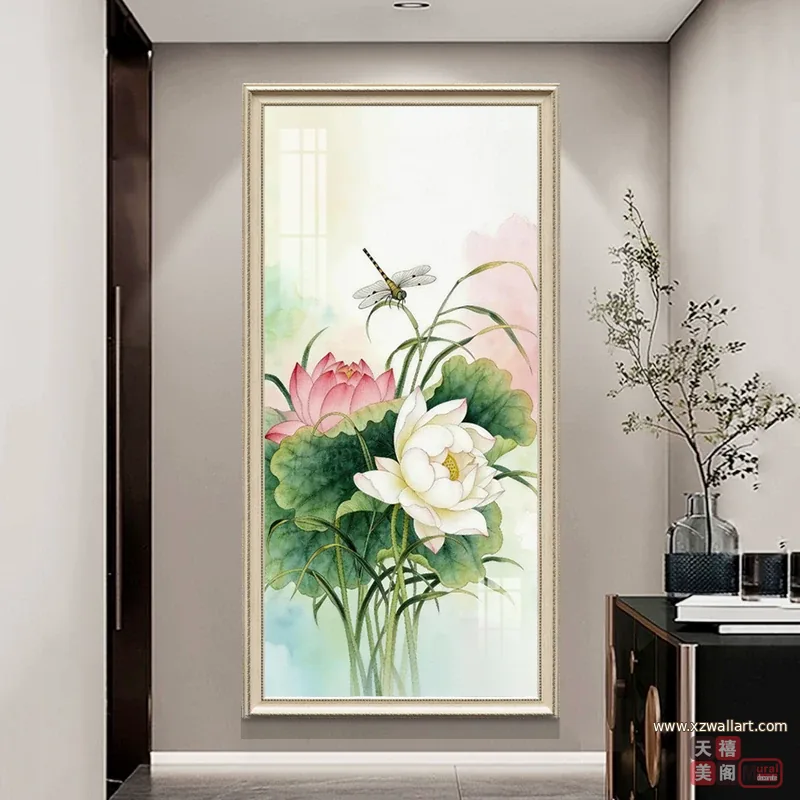 荷花 单幅 装饰画 新中式 玄关背景墙挂画 晶瓷画