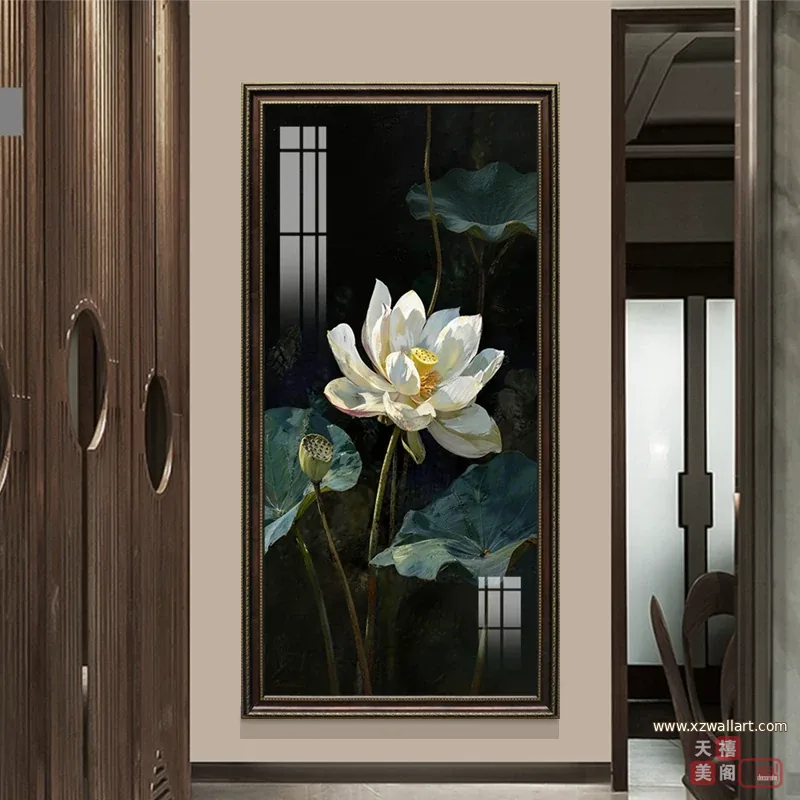 荷花 单幅 装饰画 新中式 玄关背景墙挂画 晶瓷画
