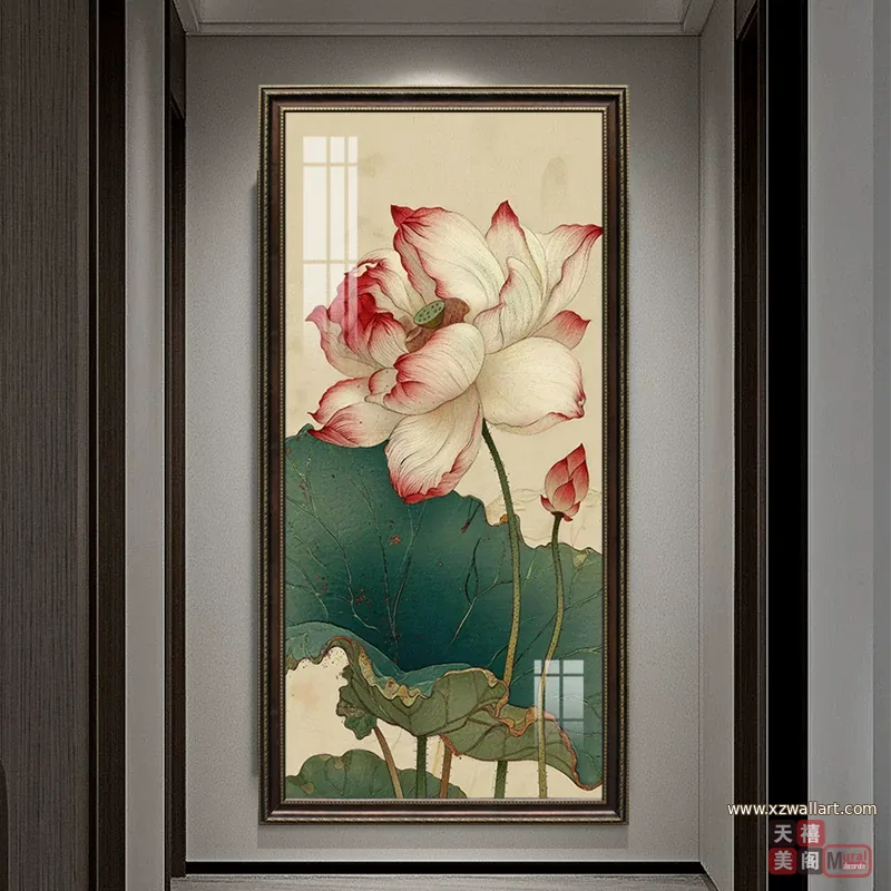 荷花 单幅 装饰画 新中式 玄关背景墙挂画 晶瓷画