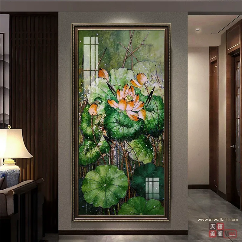 荷花 单幅 装饰画 新中式 玄关背景墙挂画 晶瓷画
