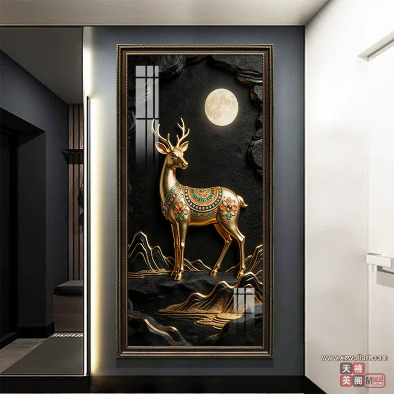 鹿 单幅 装饰画 轻奢风 玄关背景墙挂画 晶瓷画