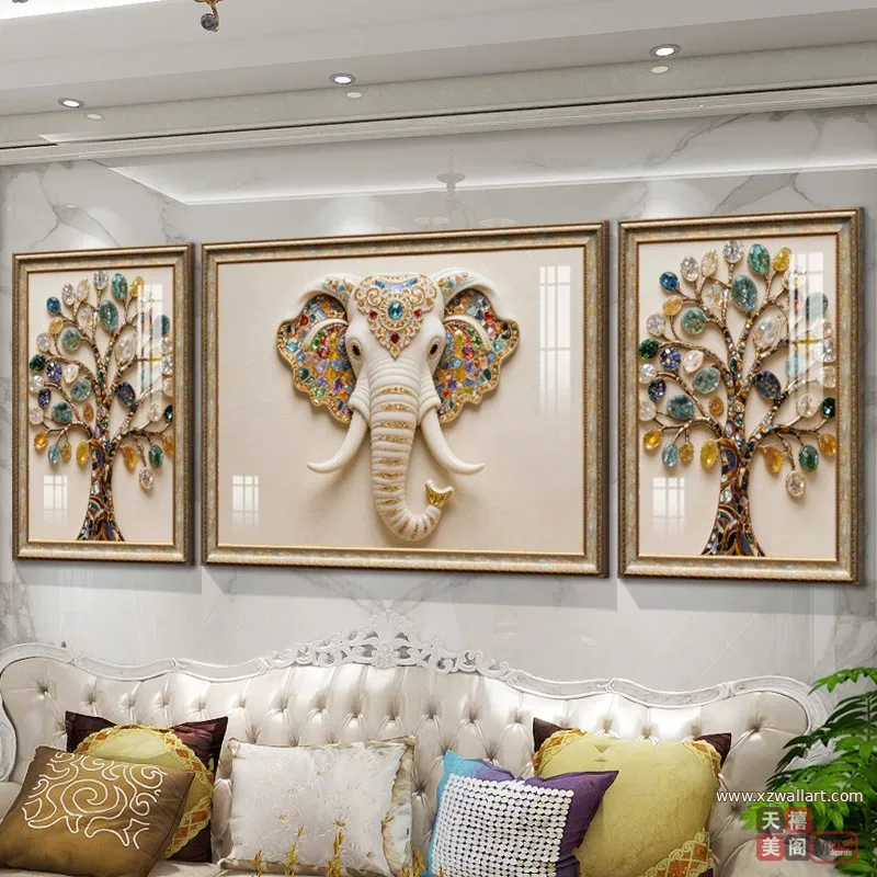 象 三联 装饰画 美式 客厅背景墙挂画 晶瓷画