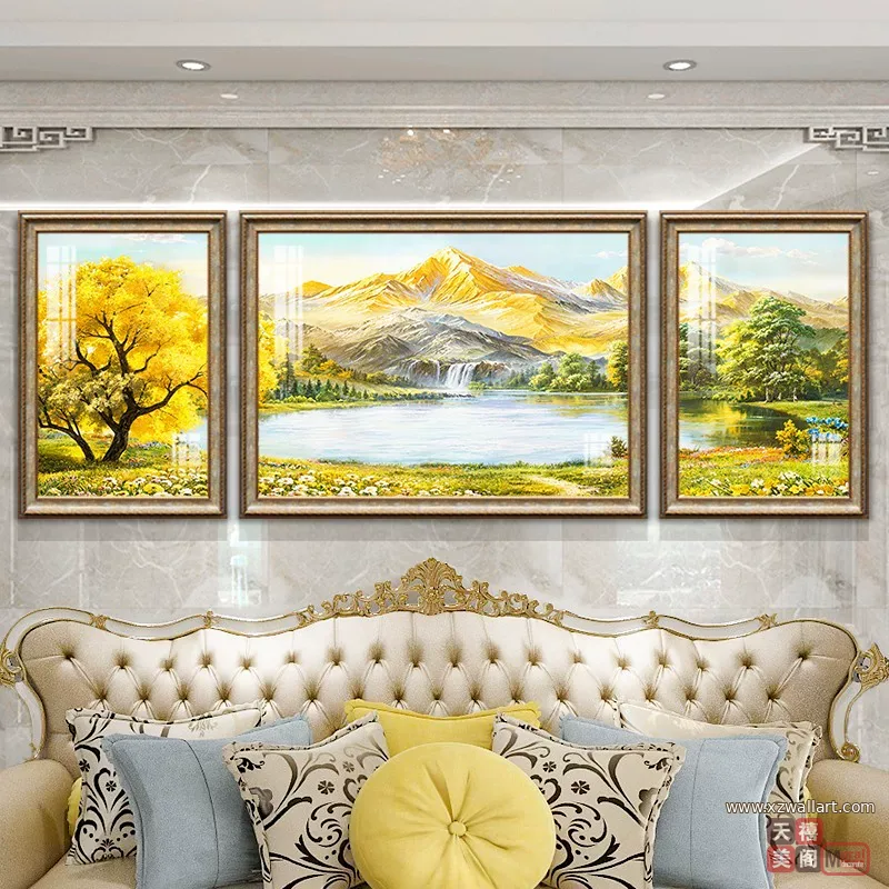 山水 三联 装饰画 美式 客厅背景墙挂画 晶瓷画