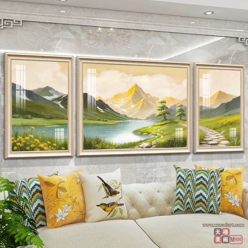 山水 三联 装饰画 美式 客厅背景墙挂画 晶瓷画
