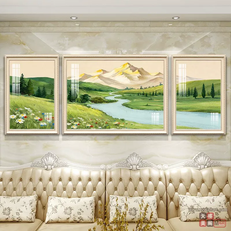 山水 三联 装饰画 美式 客厅背景墙挂画 晶瓷画