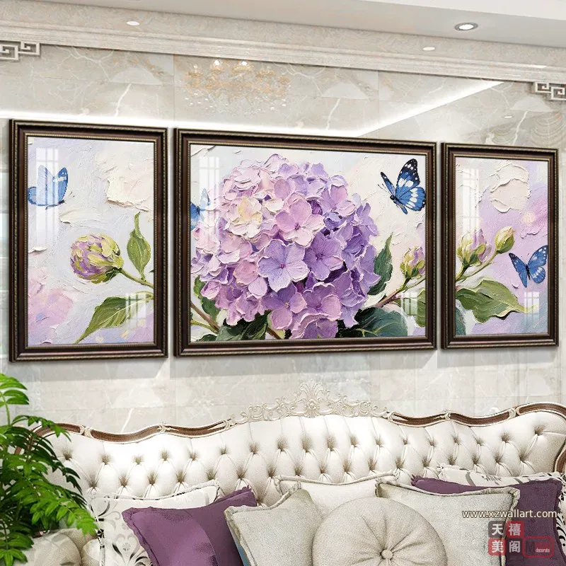 花 三联 装饰画 奶油风 客厅背景墙挂画 晶瓷画