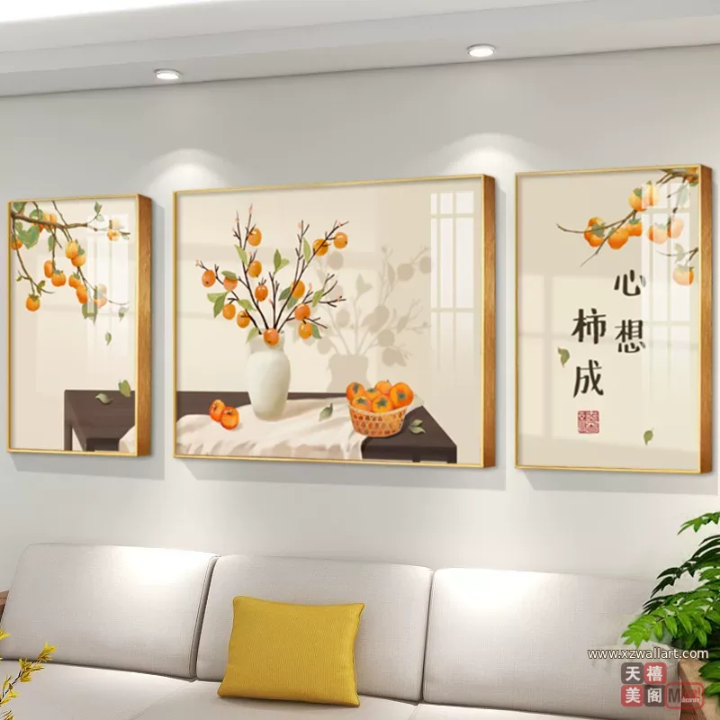 抽象 三联 装饰画 新中式 客厅背景墙挂画 晶瓷画
