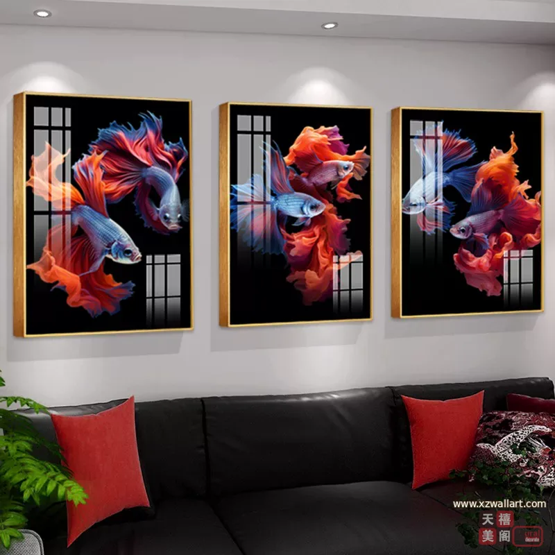 锦鲤 三联 装饰画 轻奢风 客厅背景墙挂画 晶瓷画