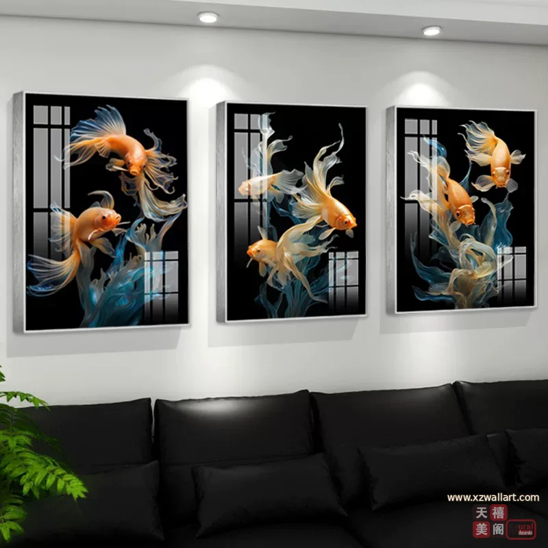 锦鲤 三联 装饰画 轻奢风 客厅背景墙挂画 晶瓷画
