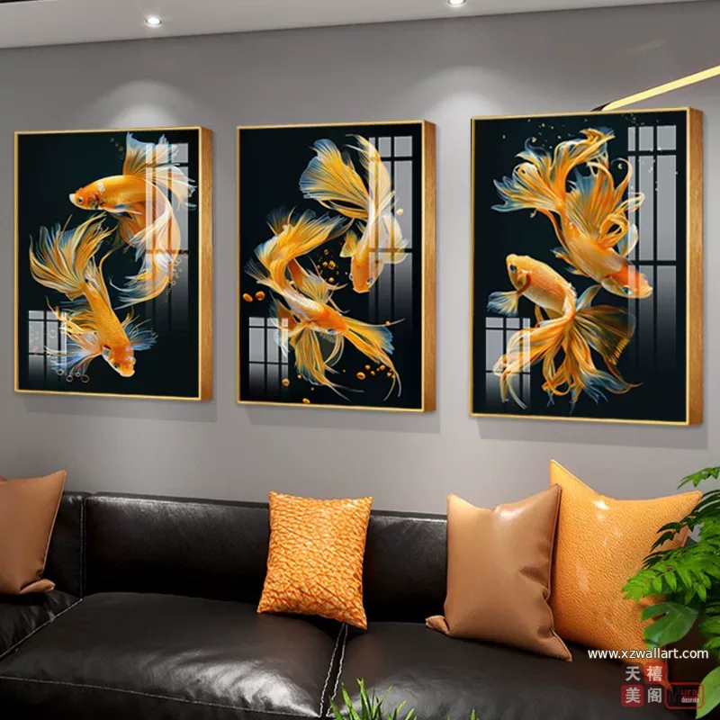 锦鲤 三联 装饰画 轻奢风 客厅背景墙挂画 晶瓷画