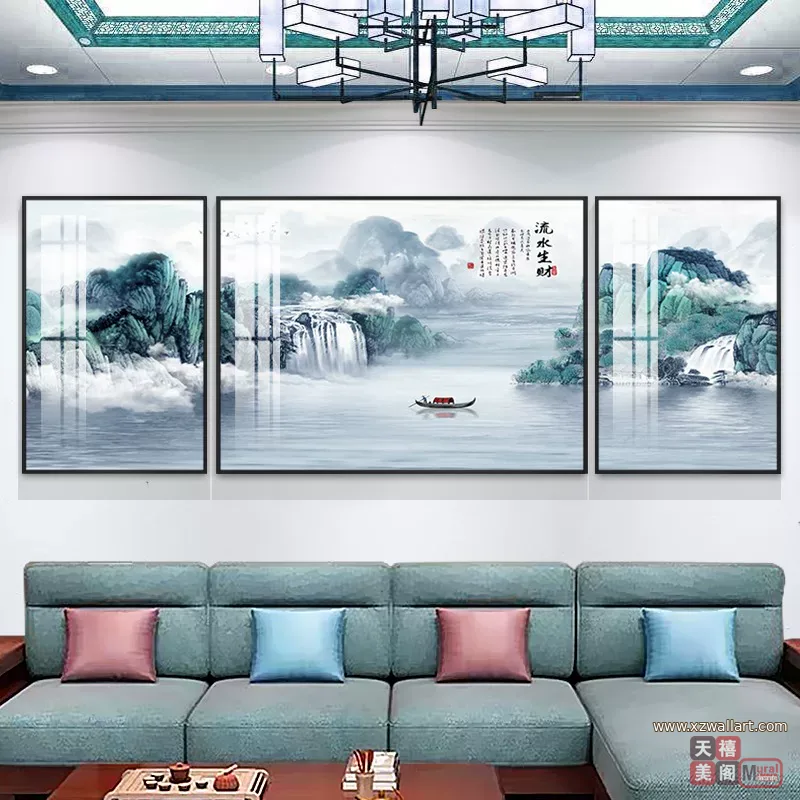 山水 三联 装饰画 新中式 客厅背景墙挂画 晶瓷画
