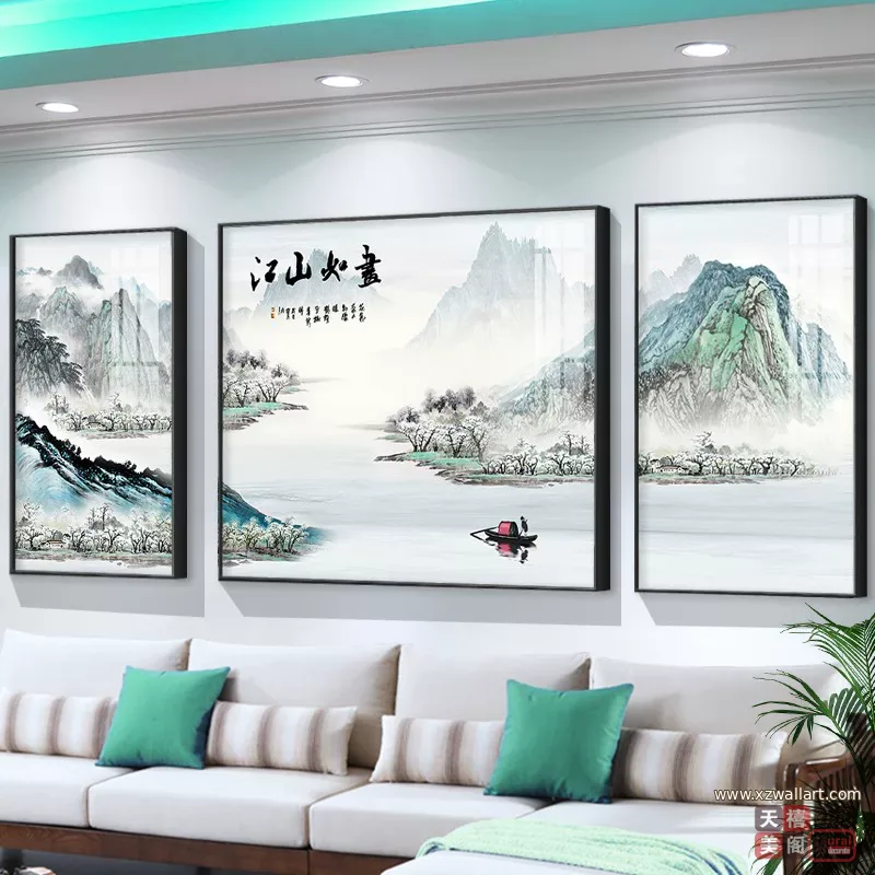 山水 三联 装饰画 新中式 客厅背景墙挂画 晶瓷画