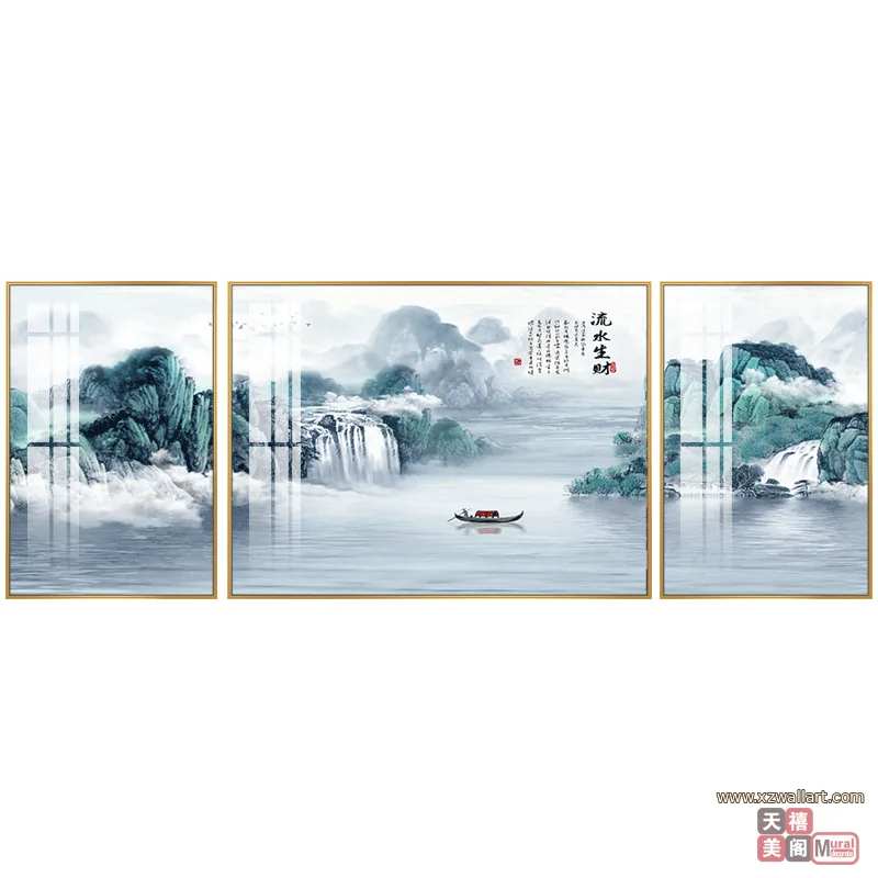 山水 三联 装饰画 新中式 客厅背景墙挂画 晶瓷画