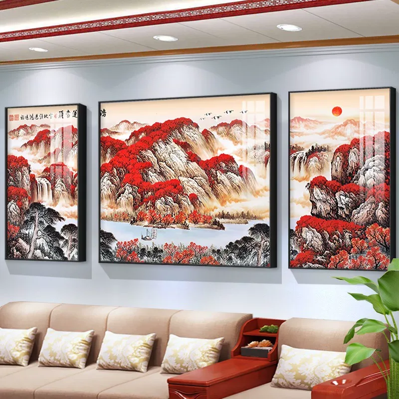 山水 三联 装饰画 新中式 客厅背景墙挂画 晶瓷画
