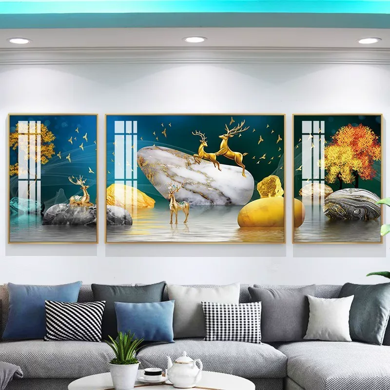 山水 三联 装饰画 北欧风 客厅背景墙挂画 晶瓷画