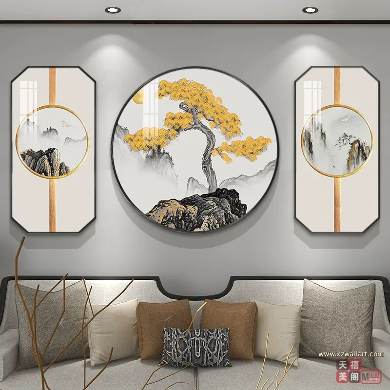 抽象 三联 装饰画 新中式 客厅背景墙挂画 晶瓷画