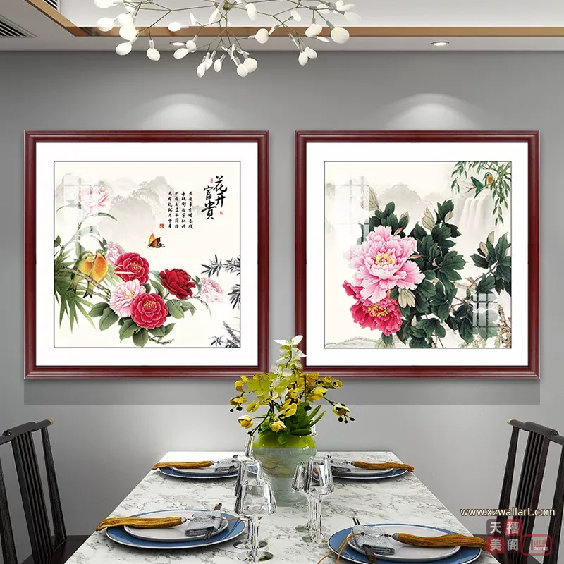 花 两联 装饰画 新中式 餐厅背景墙挂画 晶瓷画